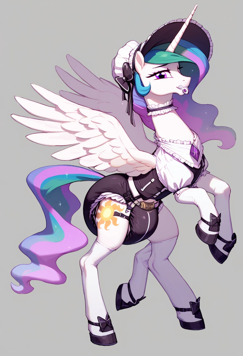 alicorn pony alone , adult mare, Princess Celestia,  on top of them, most of the mane is wrapped in a dark light bonnet with white trim on the edges , there is a small pigtail on the back with two bows ,  purple eyes , stands on four hooves ,  wide open back hooves ,  dressed in ornate official black and white with the addition of dark pink with the addition of golden places of white,  black and purple to the onency maid with ruffles and ruffles and a short skirt ,  on the neck there is a steel collar with a purple tint and a bell ,  white stockings and black booties over hoof socks ,  big white pacifier mouth gag with straps , thick diaper under clothes, on top of the diaper, a black chastity belt , solo,  simple background.