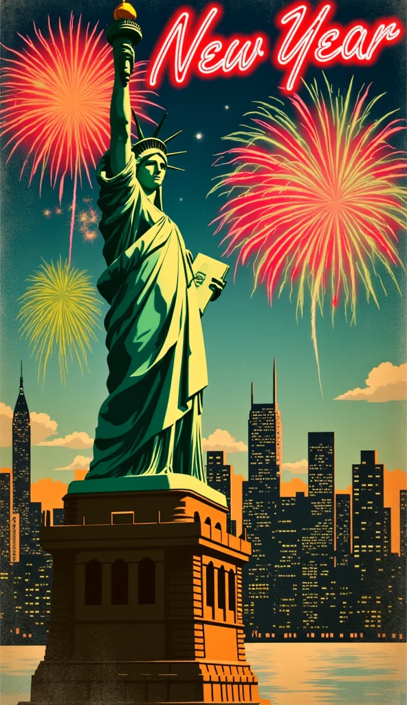 (new year poster:1.3), (vintage style travel poster:1.5), Statue of Liberty, New York, fireworks in night sky , ("Happy new year" neon sign:1.5), 