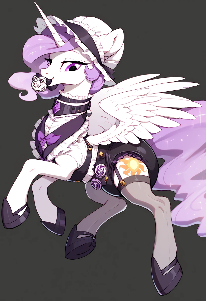 alicorn pony alone , adult mare, Princess Celestia,  on top of them, most of the mane is wrapped in a dark light bonnet with white trim on the edges , there is a small pigtail on the back with two bows ,  purple eyes , stands on four hooves ,  wide open back hooves ,  dressed in ornate official black and white with the addition of dark pink with the addition of golden places of white,  black and purple to the onency maid with ruffles and ruffles and a short skirt ,  on the neck there is a steel collar with a purple tint and a bell ,  white stockings and black booties over hoof socks ,  big white pacifier mouth gag with straps , thick diaper under clothes, on top of the diaper, a black chastity belt , solo,  simple background.