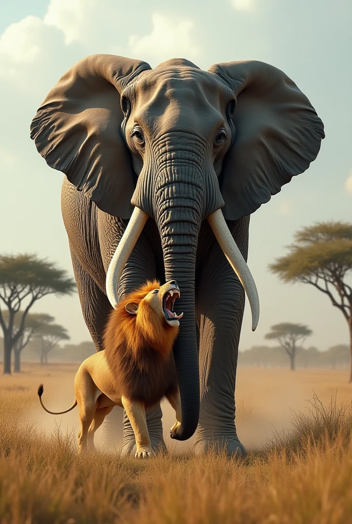 in 3d animation style " Elephant Intimidates Lion**: The large elephant stands tall, flaring its ears and raising its trunk in a display of strength, making the lion back off in fear.