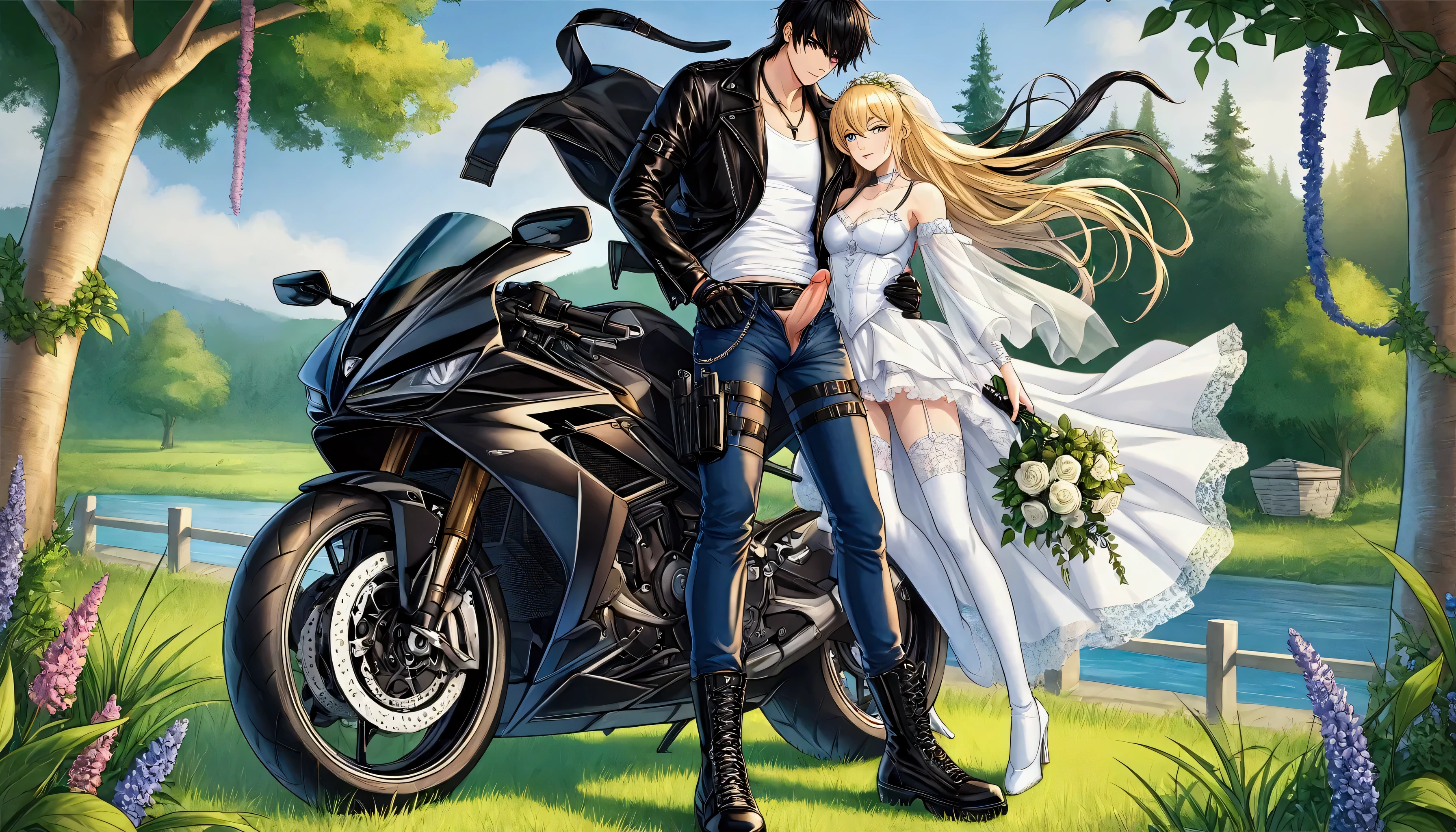 Create an image of a young man with black hair and a muscular build, wearing a white crew-neck T-shirt layered under a black leather jacket. He is dressed in blue jeans with a black leather belt, black motorcycle gloves, black combat boots, and a black thigh holster for a handgun. He is embracing a blonde-haired woman wearing a white wedding dress and white high heels. They are standing together, hugging beside a black motorcycle on a grassy field near a stream in the forest And the zipper of his pants was pulled down, revealing his erect penis. The image should be created in a detailed, colorful anime-style illustration.