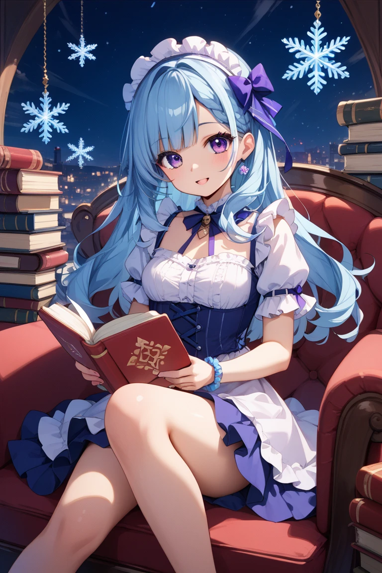 1cute girl,score_9, score_8_up, score_7_up,source_anime,Light blue hair, long hair、 Purple and White Dress , purple eyes、 thighs、valley、Lolita style clothes , miniskirt, is sitting、 holding a glowing stick in the center from the whistle to the tip of the hair２Blue hair in the book 、Snowflakes are floating 