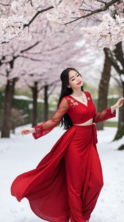 "Grace in every step, elegance in every fold—wrapped in red, she dances with the snow and blossoms, a timeless story untold."