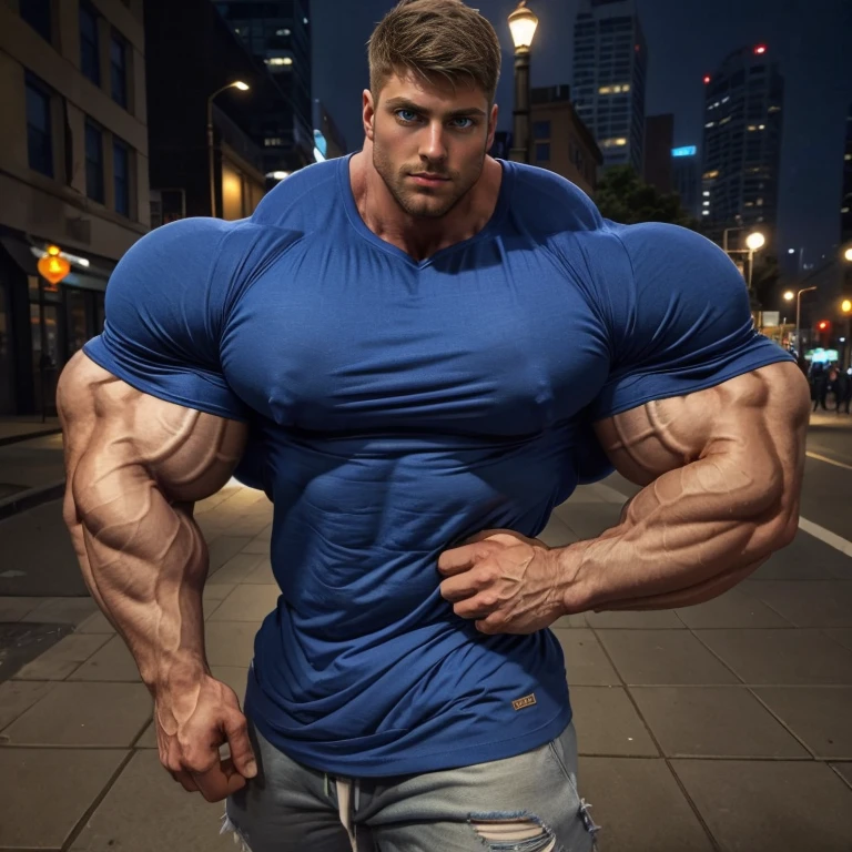 Big muscular man with blue eyes and extremely defined vascular muscles, perfect six pack, unrealistically large muscle tits, small nipples, covering nipples with hands
