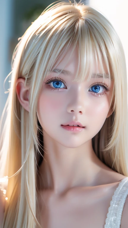 1 person、 very cute and cute blonde girl 、Super long blonde hair,  Beautiful and Cute  、 beautiful casual bangs 、Very beautiful small face beauty 、Bright expression、 beautiful big bright blue eyes ,  bright shiny platinum blonde、 super long super long silky straight hair、Eyes and、 bangs between eyes、 Textured White Skin ,  attention to detail,  top quality,  4K high resolution 、 radiant white skin、Round face、Long hair tousled by strong winds 