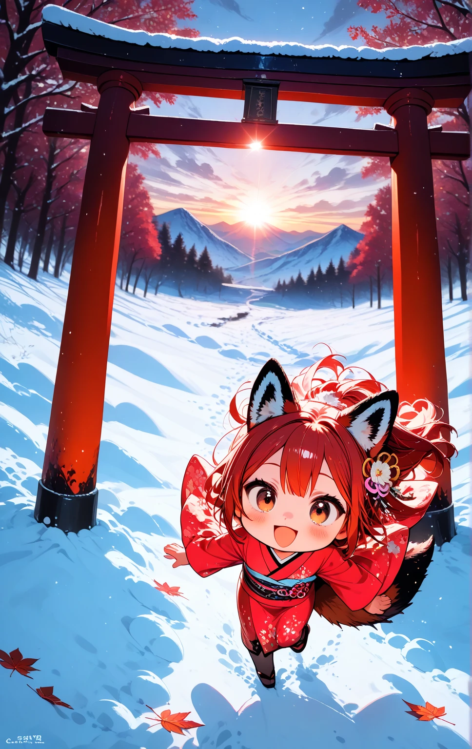 solo, 1girl\((chibi:1.3),small,cute,kawaii, (red fox ear),(red fox tail),red hair, (run around on snow), cute,happy, smile,open mouth, beautiful red kimono, action pose, looking away,cute eye,big eye, cat-eye\), snowy Winter ,1huge red gate torii,many red leaf trees, landscape, dramatic scene ,sunrise,(from above)