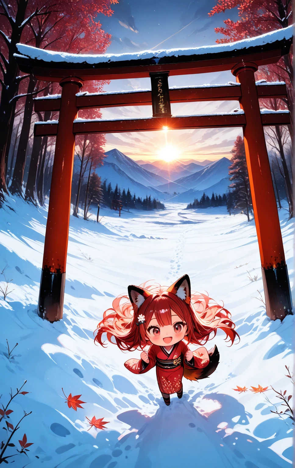 solo, 1girl\((chibi:1.3),small,cute,kawaii, (red fox ear),(red fox tail),red hair, (run around on snow), cute,happy, smile,open mouth, beautiful red kimono, action pose, looking away,cute eye,big eye, cat-eye\), snowy Winter ,1huge red gate torii,many red leaf trees, landscape, dramatic scene ,sunrise,(from above)