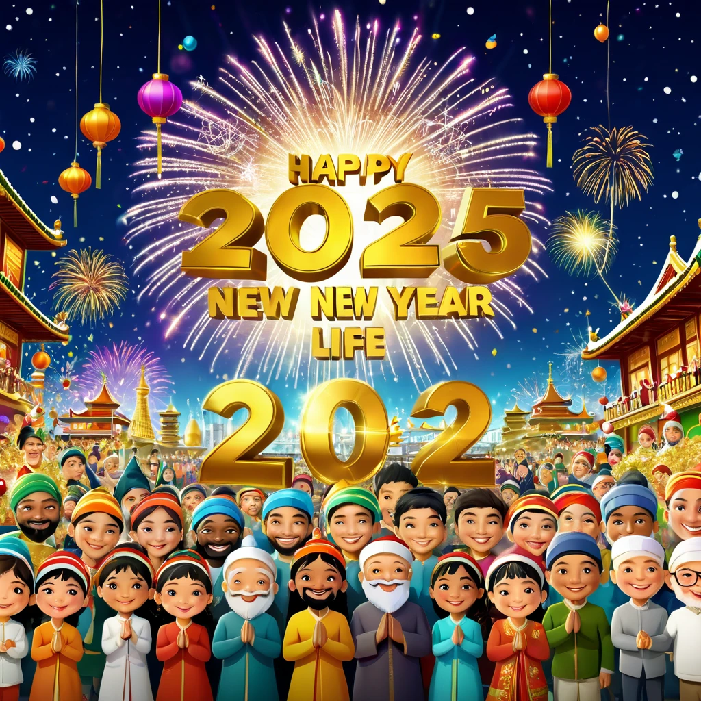 Realistic, work of art, live-action photo 8K quality, theme is "New Year Poster", text gold letters "Happy New Year 2025 Wishing for World Peace", ordinary people looking towards you with smiles, people of different races, religions and professions lined up, with heartfelt wishes.