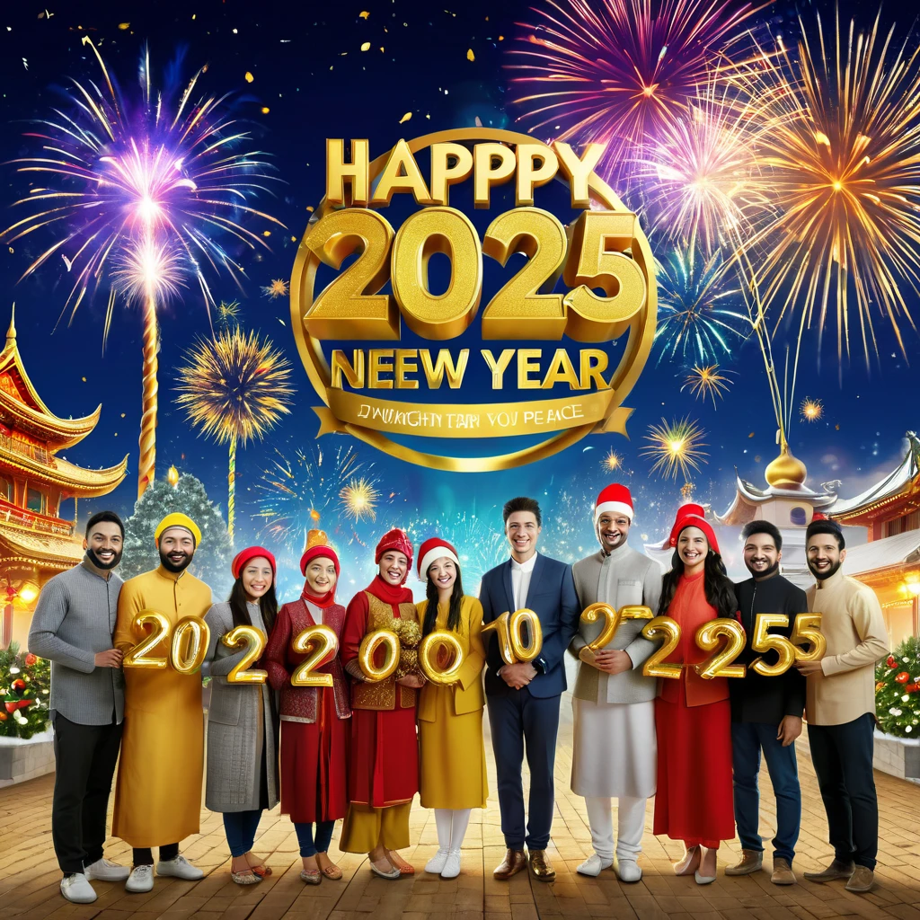 Realistic, work of art, live-action photo 8K quality, theme is "New Year Poster", text gold letters "Happy New Year 2025 Wishing for World Peace", ordinary people looking towards you with smiles, people of different races, religions and professions lined up, with heartfelt wishes.