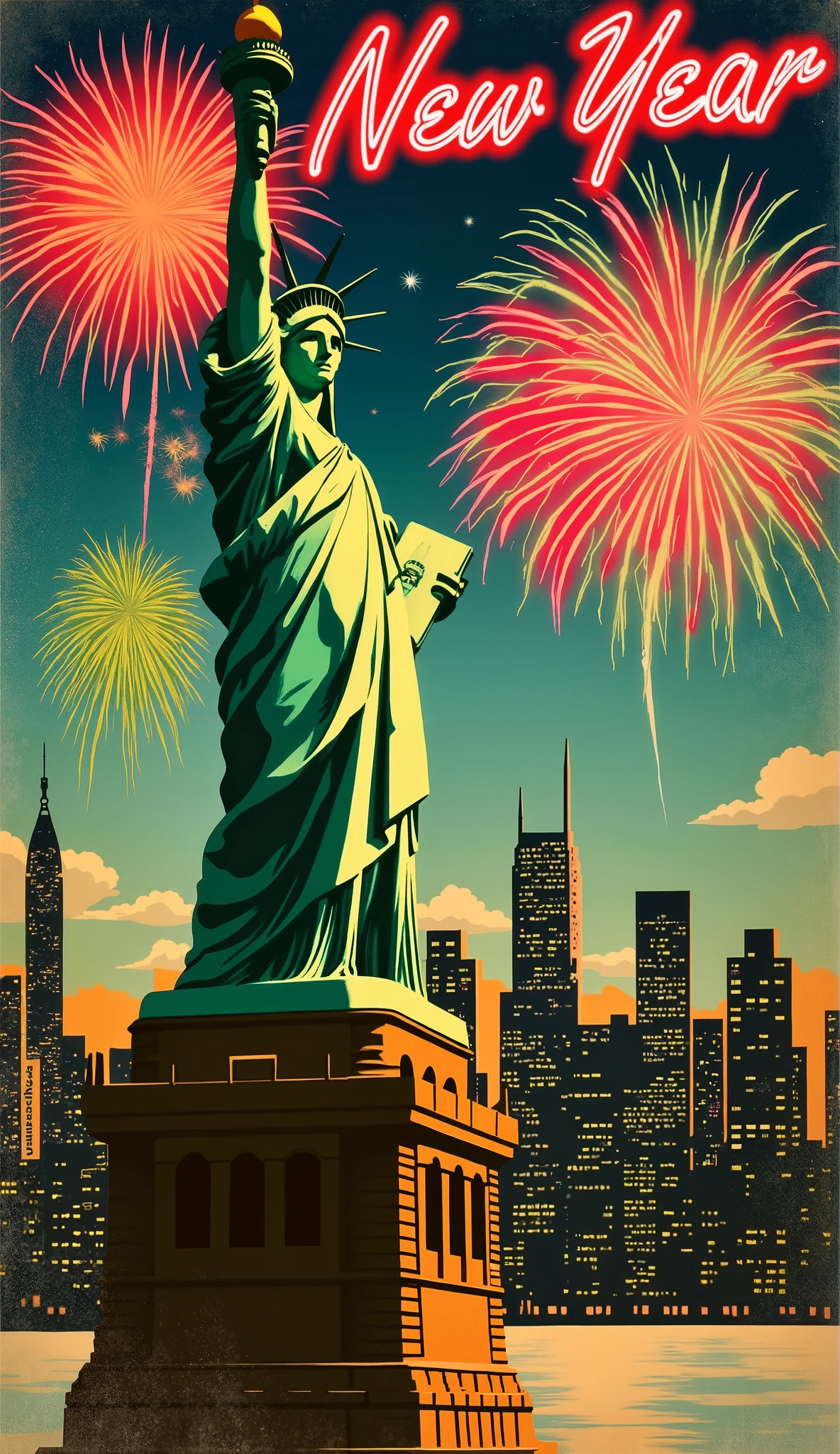 (new year poster:1.3), (vintage style travel poster:1.5), Statue of Liberty, New York, fireworks in night sky , ("Happy new year" neon sign:1.5), 