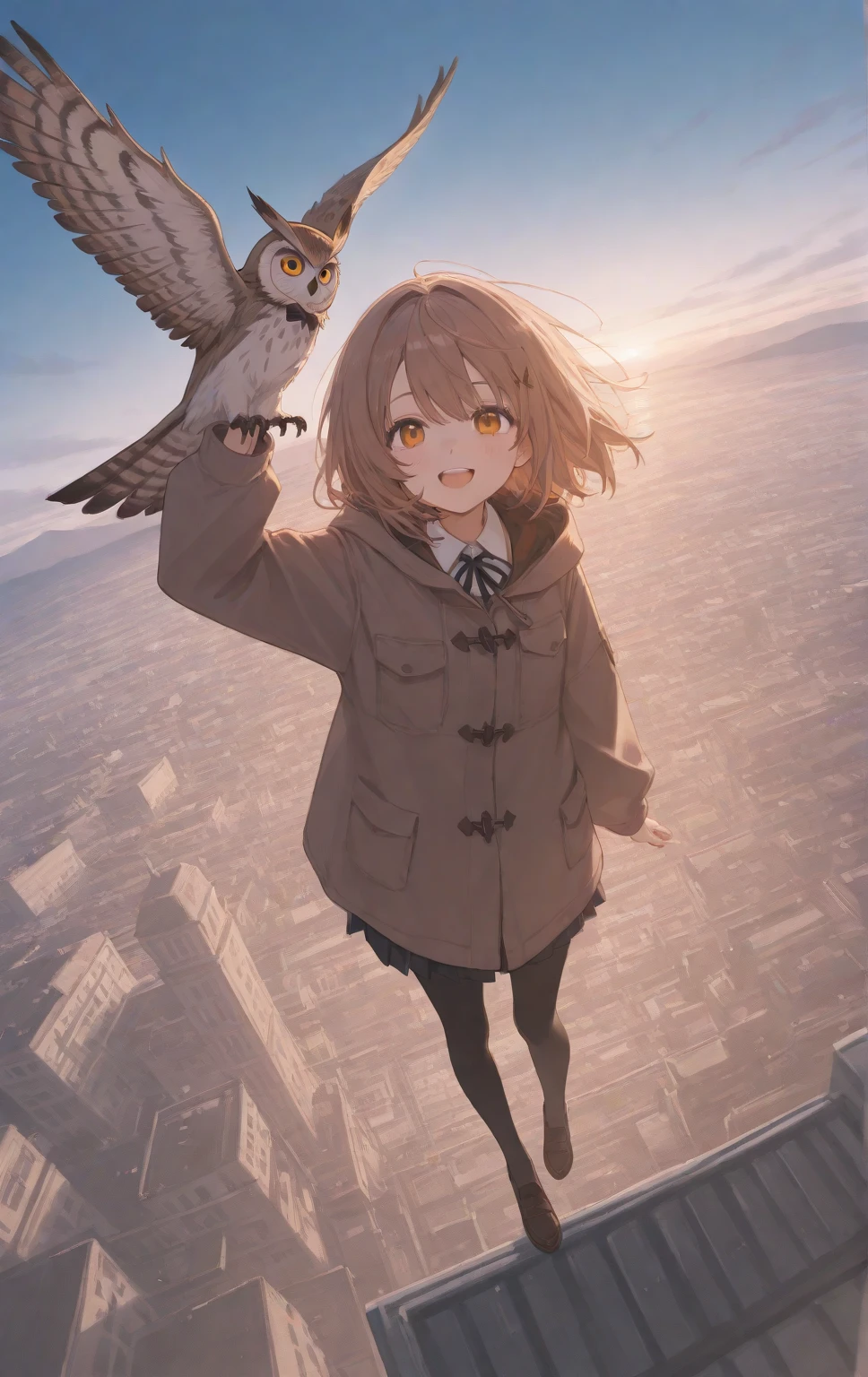 1girl on giant owl, owl flying at high sky(from above)