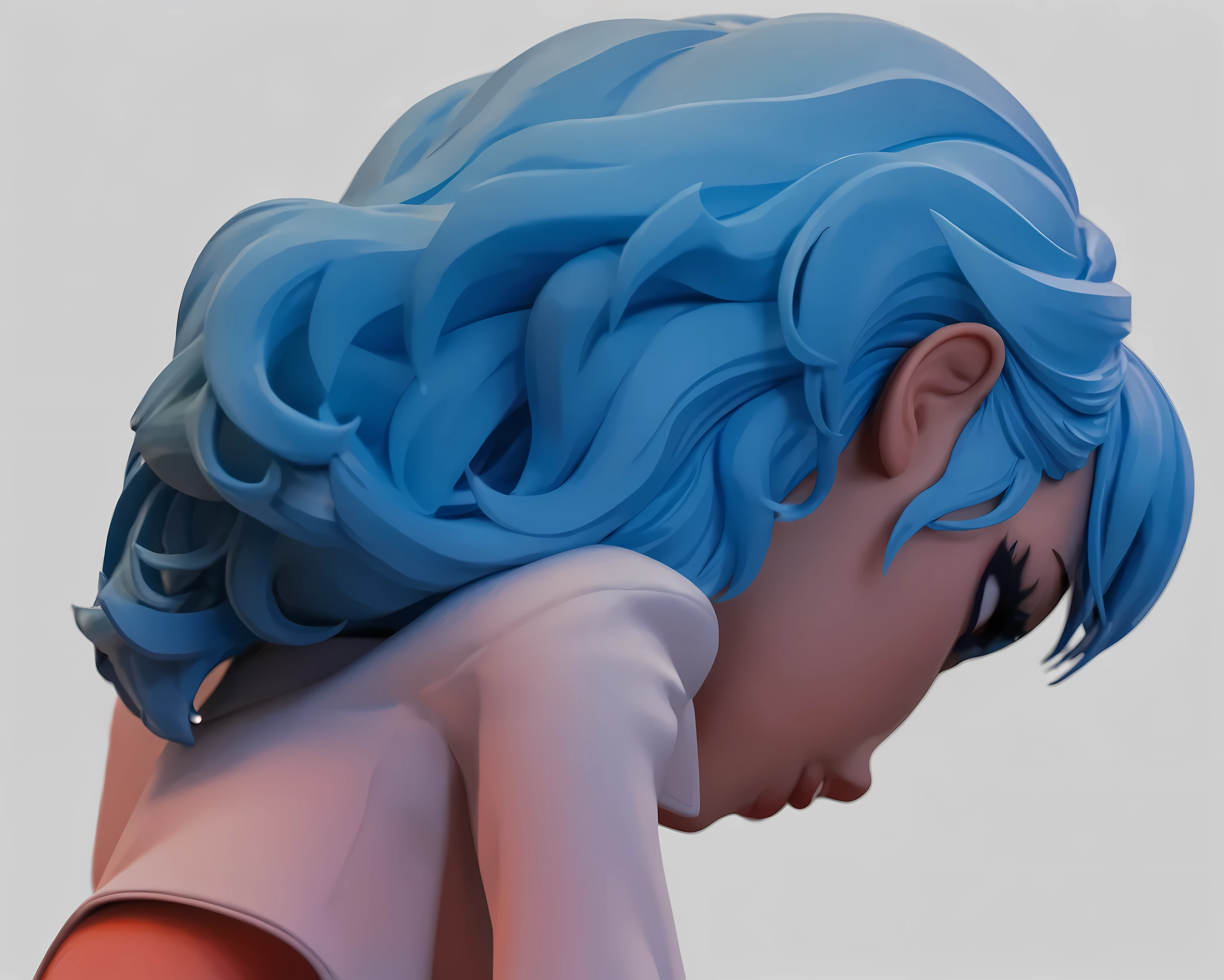 cartoon style , 3d cartoon model ,Close-up of a woman's head, Woman bends over ,Bow your head, long blue hair, Realistic hair texture , Obvious hairline texture ,Profile, White suit jacket , reveals waist skin ,White suit pants,UE5 Rendering,3D Rendering, cartoon character,Large head ratio,3D Model, HD texture
