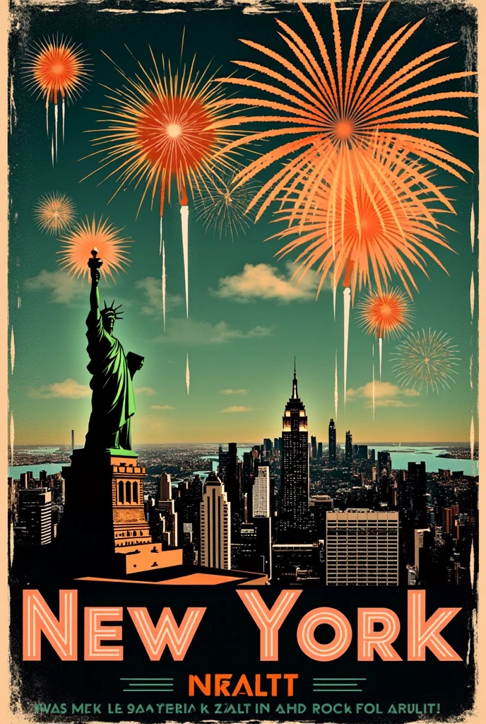 (new year poster:1.3), (vintage style travel poster:1.5), Statue of Liberty, New York, fireworks in night sky , ("Happy new year" neon sign:1.5), 