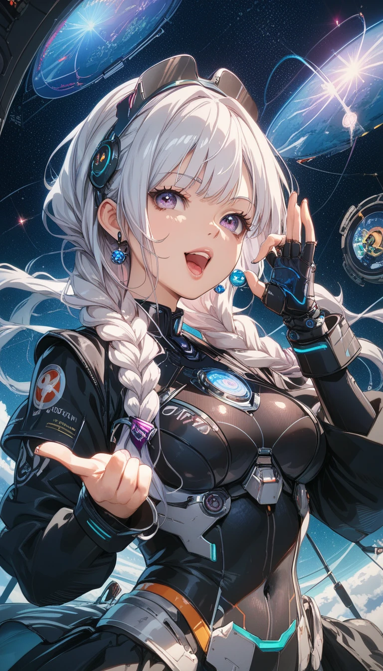 top-quality、Top image quality、​masterpiece、girl with((18year old、Best Bust、big bast,Beautiful blue eyes、Breasts wide open, Silver-haired ponytail、A slender,Large valleys、Wearing a hood,Black spacesuit、blue lightning face paint、Grinning face、piece sign、Floating in the air)),hiquality、Beautiful Art、Background with((Beautiful night sky、shooting stars、comets、stele々、Inside the space station、Giant monitor(earth footage))))、,masutepiece、visualart、depth of fields、