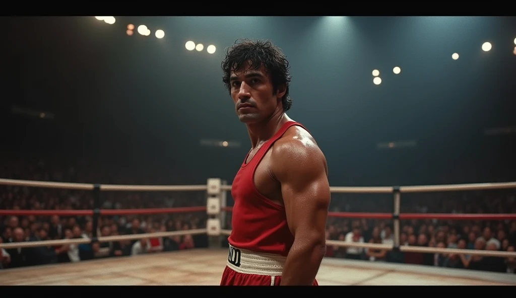 Close-up of a man wearing a boxing belt and gloves, Stallone, Stallone as batman, Tony Montana, rocky foreground, rambo, classic iconic rambo pose, Buff, Adriano Celentano as The Terminator, Aton's belt, Eddie Del Rio, Eye pose, Mr. Universe, huge belt, waist shot, Ric Flair, The ultimate warrior, Eye