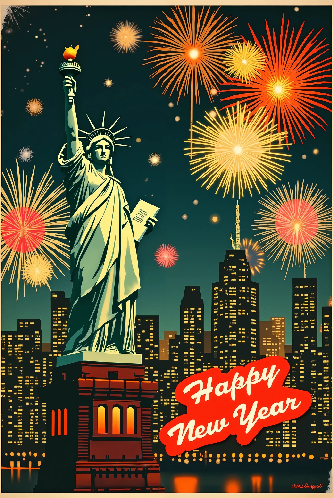 (new year poster:1.3), (vintage style travel poster:1.5), Statue of Liberty, New York, fireworks in night sky , ("Happy new year" neon sign:1.5), 