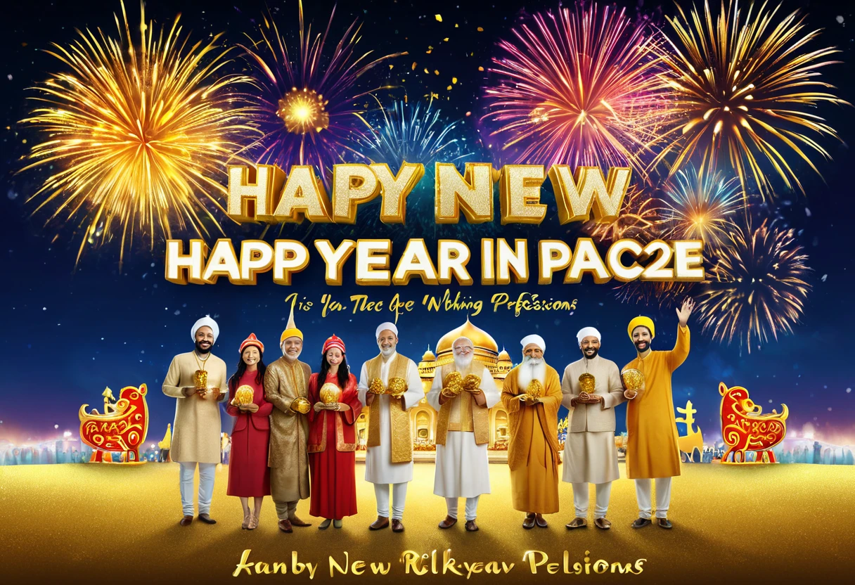 Realistic, work of art, live-action photo 8K quality, theme is "New Year Poster", text gold letters "Happy New Year 2025 Wishing for World Peace", ordinary people looking towards you with smiles, people of different races, religions and professions lined up, with heartfelt wishes.