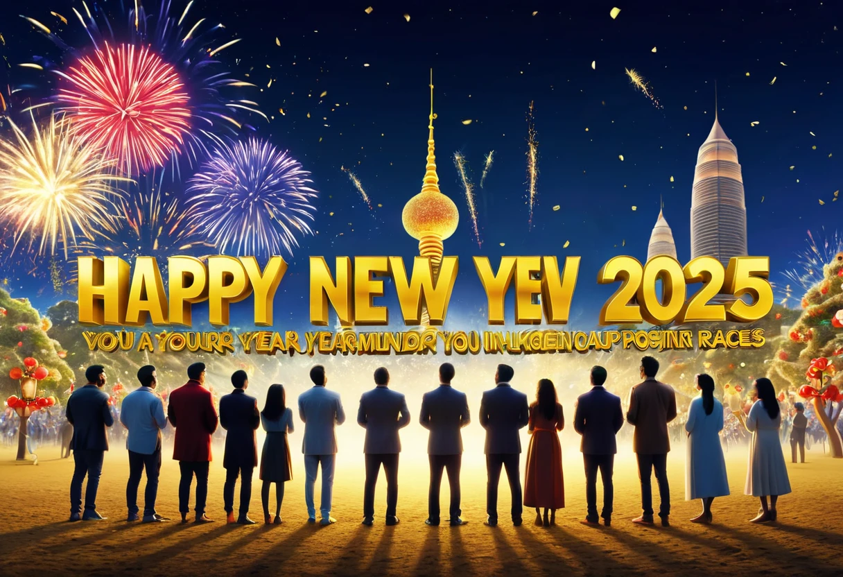 Realistic, work of art, live-action photo 8K quality, theme is "New Year Poster", text gold letters "Happy New Year 2025 Wishing for World Peace", ordinary people looking towards you with smiles, people of different races, religions and professions lined up, with heartfelt wishes.