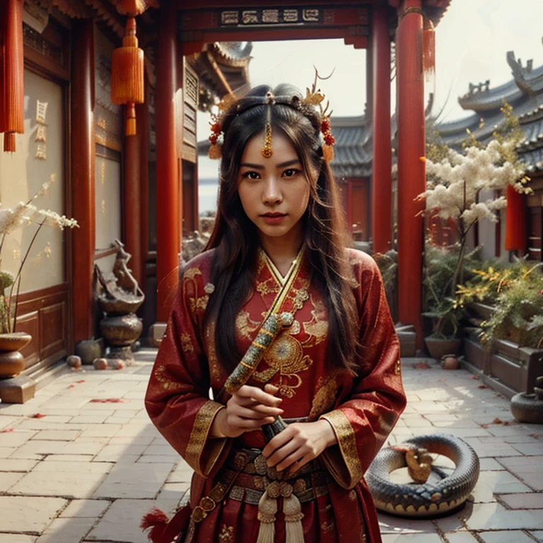 a highly detailed and intricate portrait of a chinese warrior girl, beautiful girl with long dark hair, detailed facial features, penetrating eyes, elegant warrior outfit with traditional chinese elements, ornate headpiece, holding a sword, imperial snake king in the background, traditional chinese landscape and architecture in the background, dramatic lighting, cinematic composition, photorealistic, award winning digital art, artstation, greg rutkowski