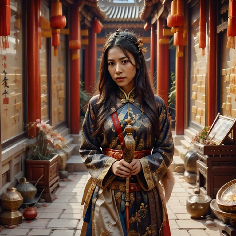 a highly detailed and intricate portrait of a chinese warrior girl, beautiful girl with long dark hair, detailed facial features, penetrating eyes, elegant warrior outfit with traditional chinese elements, ornate headpiece, holding a sword, imperial snake king in the background, traditional chinese landscape and architecture in the background, dramatic lighting, cinematic composition, photorealistic, award winning digital art, artstation, greg rutkowski