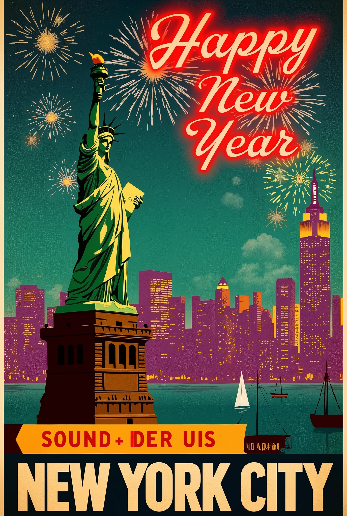 (new year poster:1.3), (vintage style travel poster:1.5), Statue of Liberty, New York, fireworks in night sky , ("Happy new year" neon sign:1.5), 