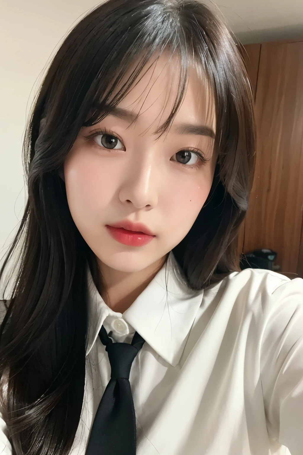 Araffe woman with long hair wearing a white shirt and black tie - SeaArt AI
