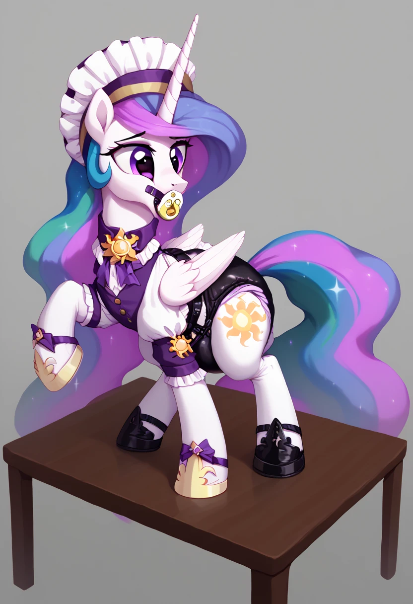 alicorn pony alone , adult mare, Princess Celestia,  on top of them, most of the mane is wrapped in a dark light bonnet with white trim on the edges , there is a small pigtail on the back with two bows ,  purple eyes , lies on the changing table,  wide open back hooves ,  dressed in ornate official black and white with the addition of dark pink with the addition of golden places of white,  black and purple to the onency maid with ruffles and ruffles and a short skirt ,  on the neck there is a steel collar with a purple tint and a bell ,  white stockings and black booties over hoof socks ,  big white pacifier mouth gag with straps , thick diaper under clothes, on top of the diaper, a black chastity belt , solo,  simple background.