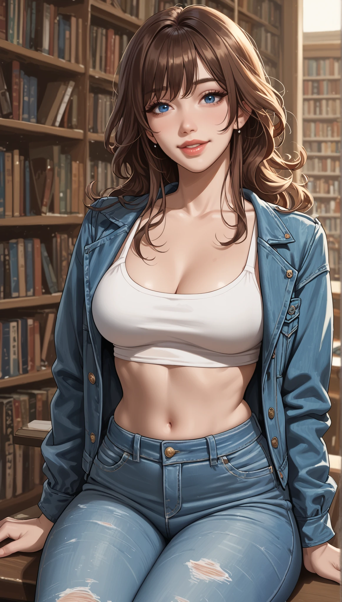 1girl, happy expression, adult, mature, perfect breast, medium breast, full round, curvy, very curvy, thick thighs, full lips, wearing cute crop top with denim jacket, fitted jeans, BROWN HAIR, loose waves hair, azure, blue eyes, looking at viewer, sitting at library, beautiful library, reading book. (Slim Body), portrait. (Morning:1.4), Kafka