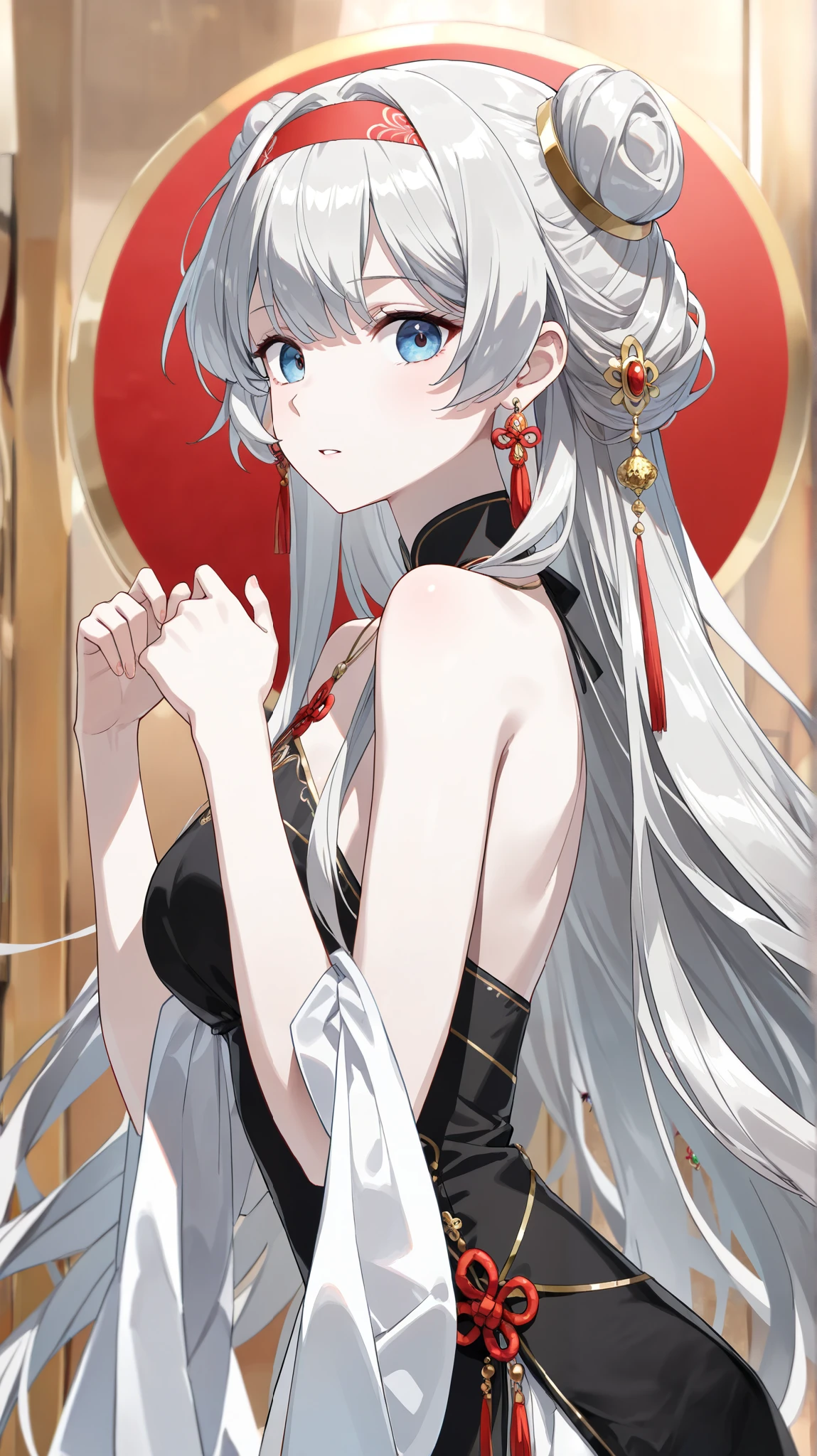 Digital Painting, Anime Style, Beautiful young woman with long flowing white hair and red flowers, she複雑な花柄で飾られた伝統的な赤と白の着物を着ている。., she、She stands gracefully against a dramatic and glamorous backdrop adorned with red and white floral motifs。., Vivid and contrasting colour scheme with a red base, Exquisite design with attention to detail, Soft and fantastic lighting, calm and calm look, High Contrast, Intricate details, Elegant and enchanting atmosphere, Very detailed, Perfect lighting, Vibrant colors, (masterpiece: 2), Highest quality, Ultra-high resolution, original, Very detailed, Perfect lighting