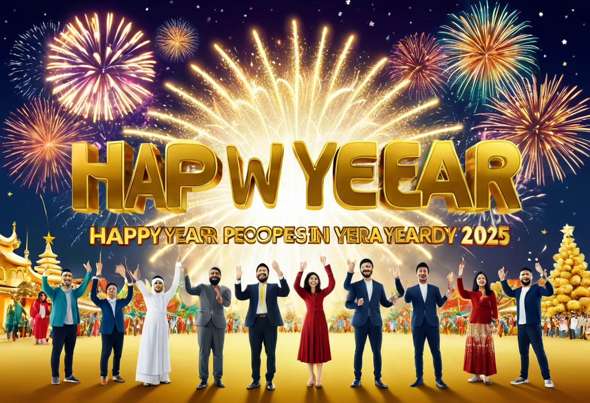 Realistic, work of art, live-action photo 8K quality, theme is "New Year Poster", text gold letters "Happy New Year 2025 Wishing for World Peace", ordinary people looking towards you with smiles, people of different races, religions and professions lined up, with heartfelt wishes.