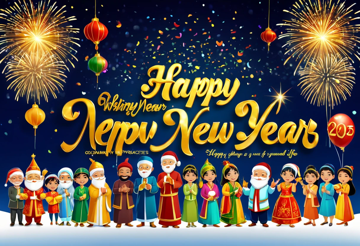 Realistic, work of art, live-action photo 8K quality, theme is "New Year Poster", text gold letters "Happy New Year 2025 Wishing for World Peace", ordinary people looking towards you with smiles, people of different races, religions and professions lined up, with heartfelt wishes.