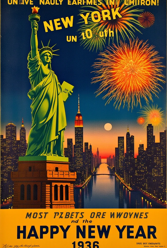 (new year poster:1.3), (vintage style travel poster:1.5), Statue of Liberty, New York, fireworks in night sky , ("Happy new year" neon sign:1.5), 