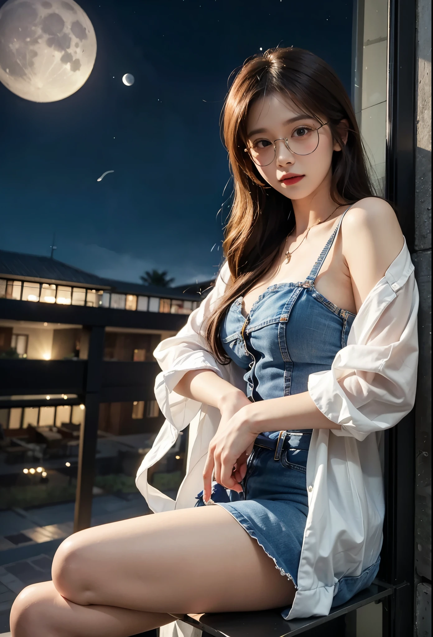 The model is wearing glass sunglasses with stars and the moon on the glass