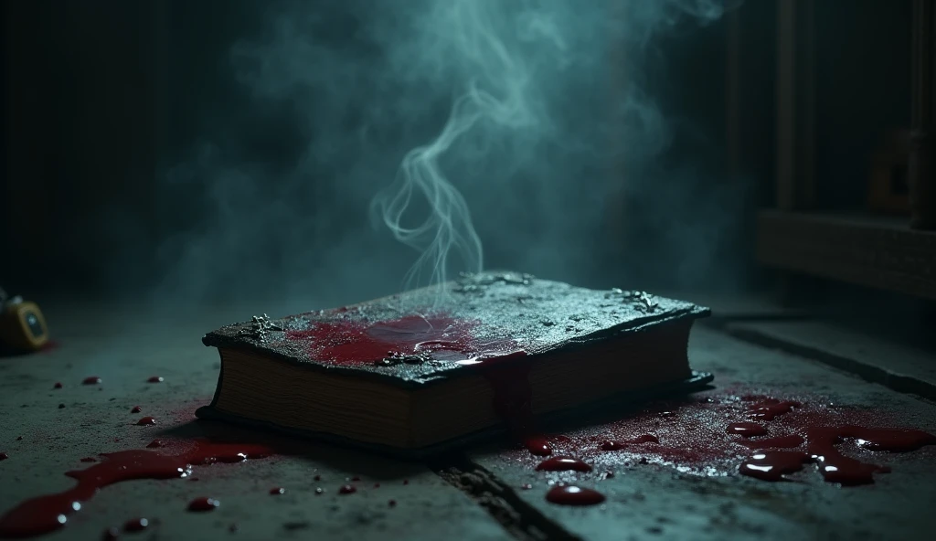 Scary picture of a scripture, blood and a quill.