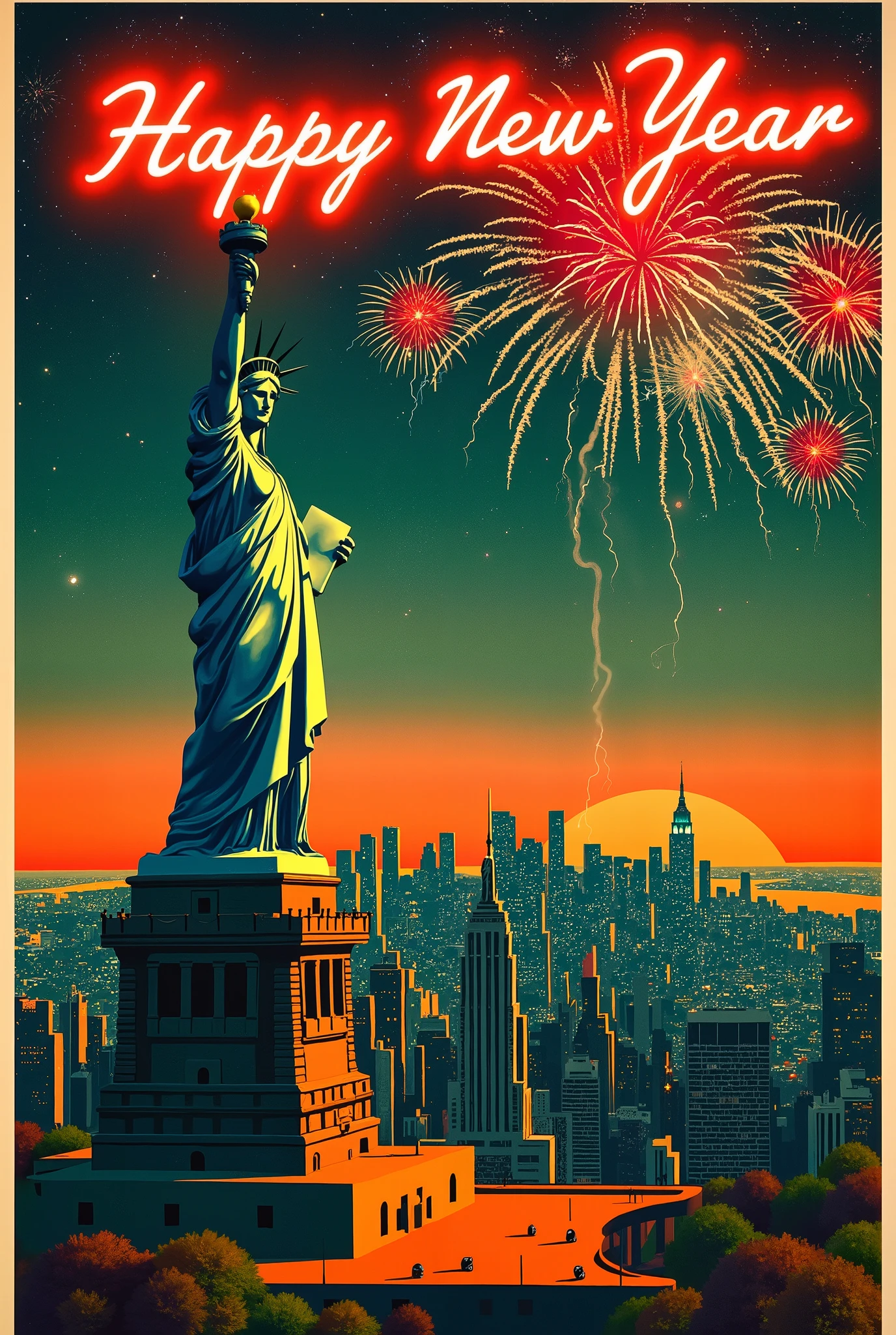 (new year poster:1.3), (vintage style travel poster:1.5), Statue of Liberty, New York, fireworks in night sky , ("Happy new year" neon sign:1.5), 