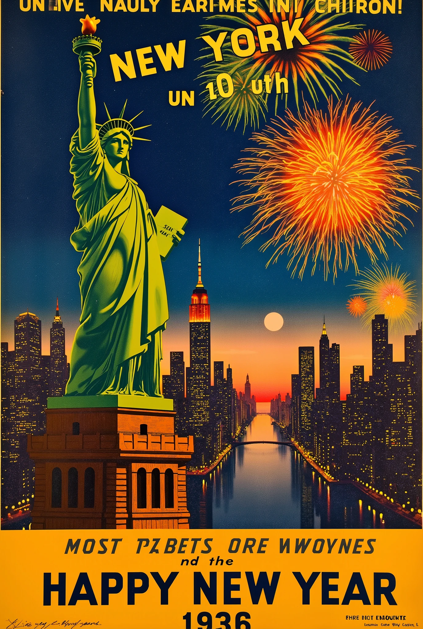 (new year poster:1.3), (vintage style travel poster:1.5), Statue of Liberty, New York, fireworks in night sky , ("Happy new year" neon sign:1.5), 