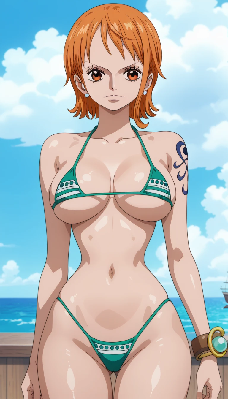 score_9, score_8_up, score_7_up, source_anime,  (anime coloring, anime screencap:1.2), flat color,  megami magazine , shiny skin,us (one piece), short hair, orange hair, brown eyes, source_anime, best quality, clear face, Nami, orange hair, orange eyes, short hair, thin waist, narrow_waist, wide hips, big breasts, beautiful legs, micro bikini, string bikini, and opening her mouth, arm_on_hips, standing, cowboy_shot, pirate ship, ocean, sky, clouds,