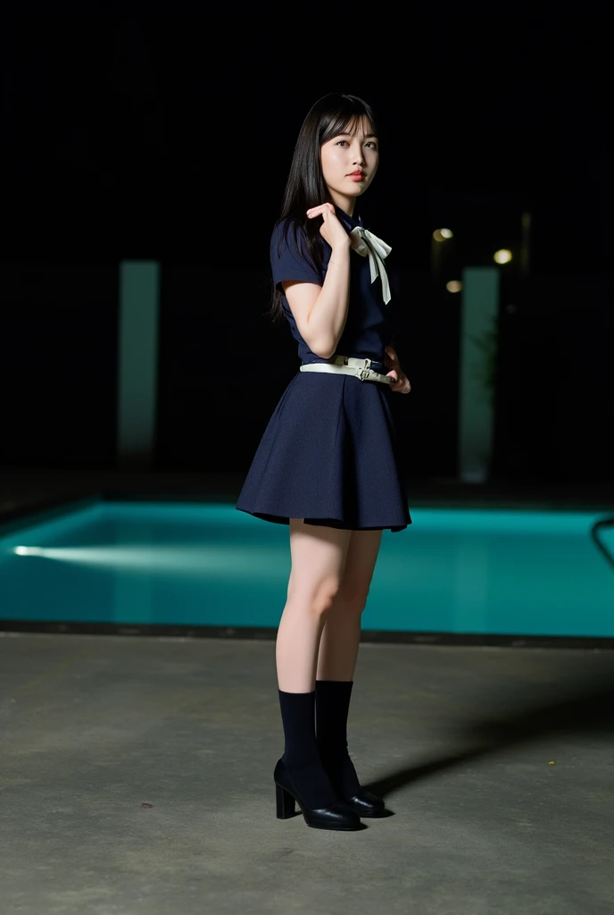  SEXY WOMEN 、full-body shot,straijht-on、Alone, beautiful women、 black hair、 long hair、 College Student 、uniform、Pleather、micro skirt, navy socks、 high resolution, 4K,masterpiece,night,night pool,nsfw,（nipples 
peek:1.1）