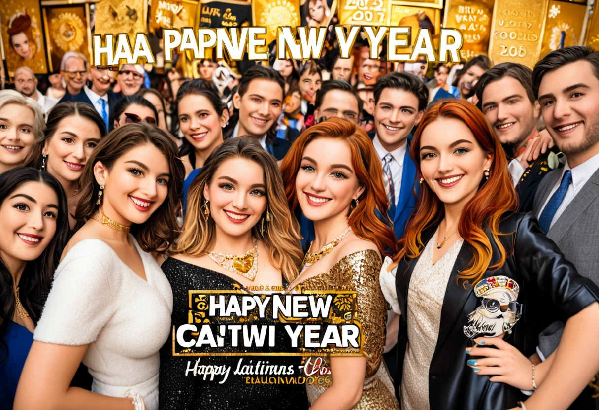 Realistic, work of art, live-action photo 8K quality, theme is "New Year Poster", text gold letters "Happy New Year 2025 Wishing for World Peace", ordinary people looking towards you with smiles, people of different races, religions and professions lined up, with heartfelt wishes.