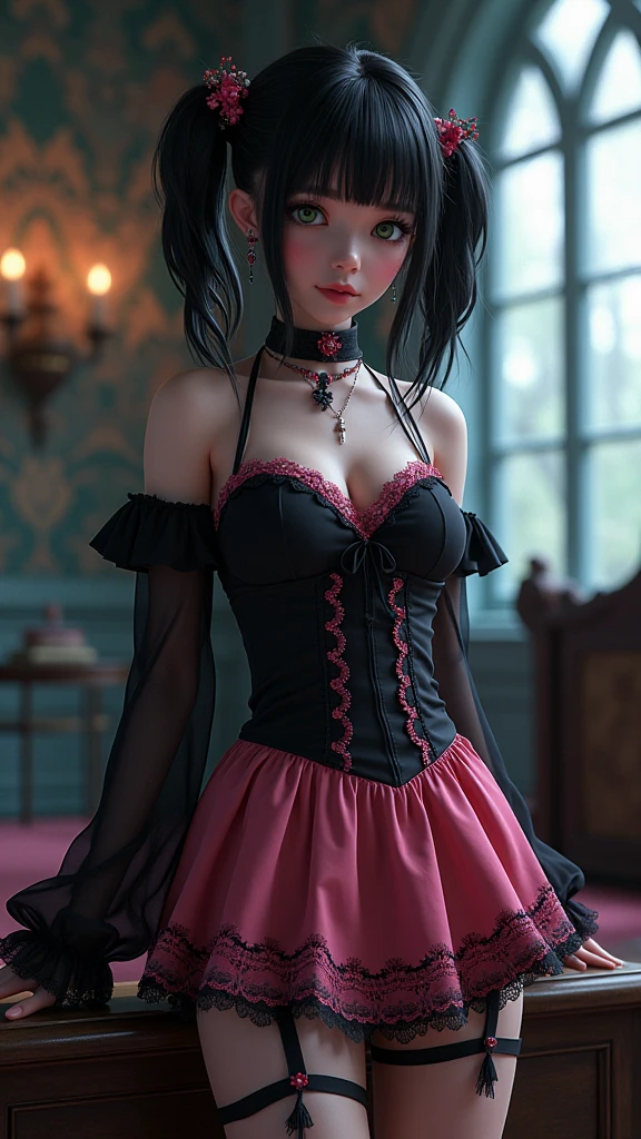(realistic,photorealistic:1.37),(best quality,4k,8k,highres,masterpiece:1.2),ultra-detailed,a gothic-lolita girl in a full-body photograph,detailed eyes,detailed lips,long eyelashes,black lace dress,porcelain skin,pale complexion,black platform boots,blood red rose,Alice in Wonderland inspired background,soft candlelight,hint of mystery,vivid colors,dark and moody lighting,ethereal atmosphere