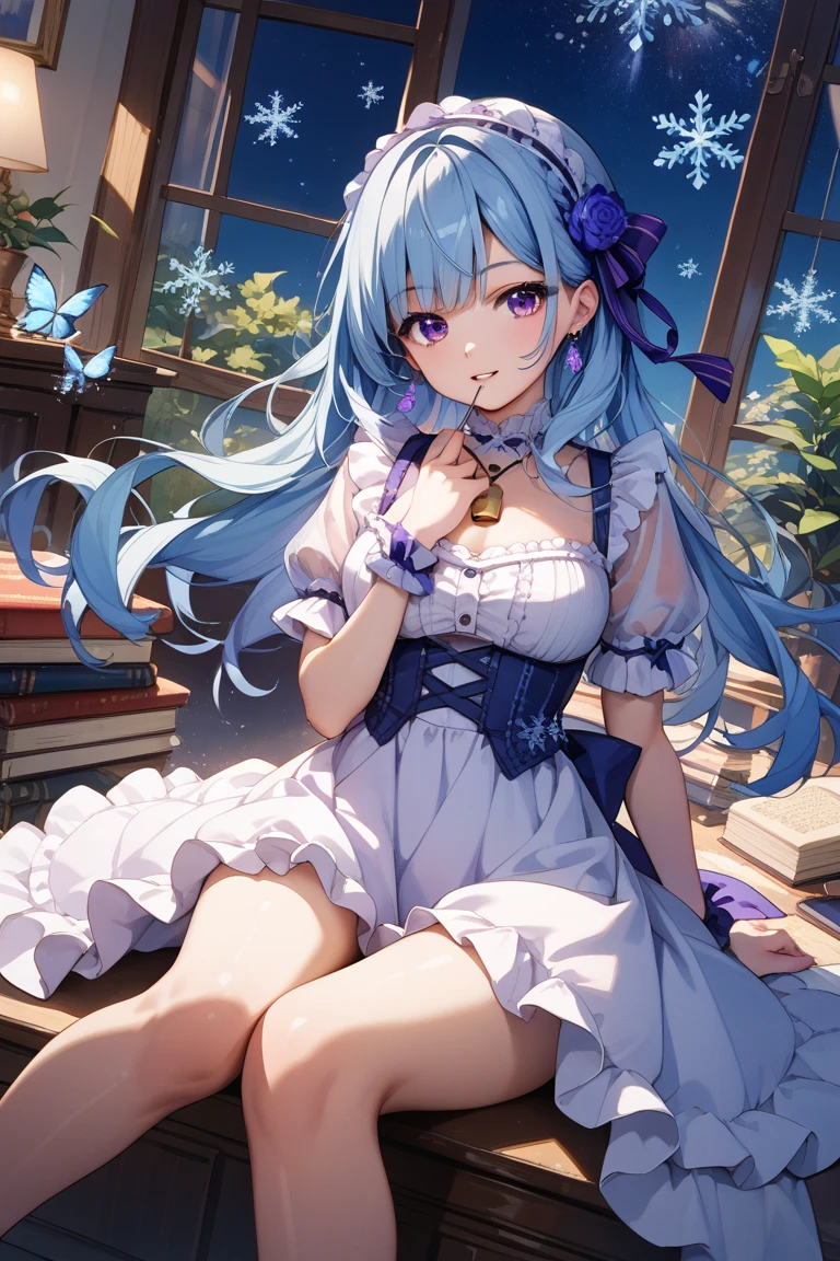 1girl,score_9, score_8_up, score_7_up,source_anime,Light blue hair, long hair、 Purple and White Dress , purple eyes、 thighs、valley、Lolita style clothes , miniskirt, is sitting、 in the center from the whistle to the tip of the hair２Blue hair in the book 、Snowflakes are floating 