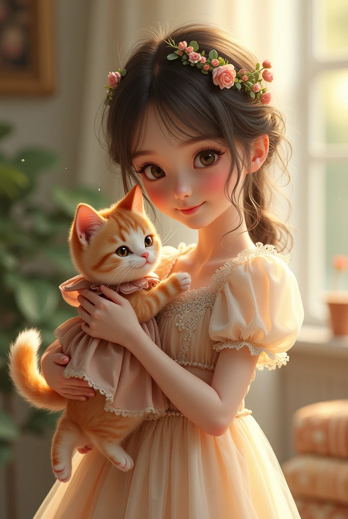 A girl stand with a cat in her hand.
There are many flowers in the background