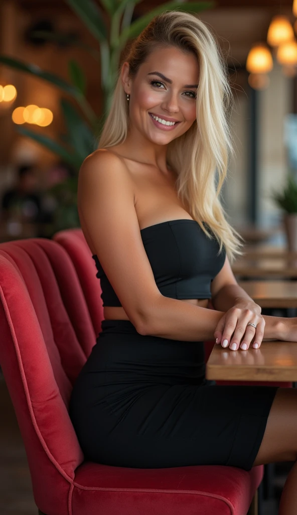 solo, realistic, photorealistic, natural lighting, (large forehead, (((Latvian woman))), (((Latvian nose))), (((Latvian eyes))), (((blonde))), (((braids))), (((Latvian face))), (((Latvian lips))), (((Latvian body))), (((fair complexion))) pose: standing, smiling, wearing Corset-Style Dress , cleavage, , background: Located in the heart of the city, this lounge captures the essence of urban twilight with panoramic windows offering views of city lights and skyscrapers. The decor is modern and minimalist, with sleek furniture and metallic accents. The bar serves innovative cocktails with a focus on local spirits and ingredients.