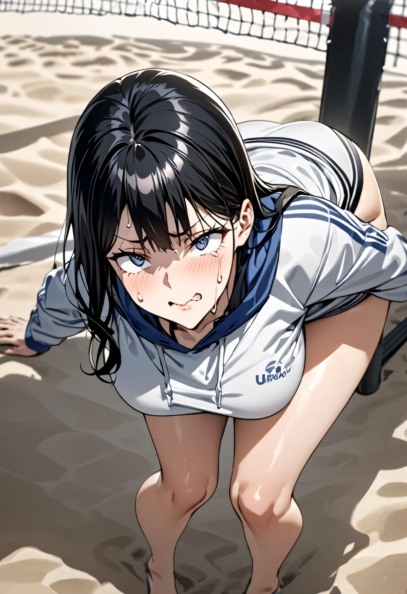 masterpiece, Natural image quality,  ultra high definition ,  Beautiful Woman (25 years old)  ,  tight thighs in a suit, small stature, Detailed facial expression,  detailed expression,  Detailed eyes,  black medium straight hair on a suit(wave) , clothes{( swimsuit, sweatshirt top)} , full body, seashore, Beach volleyball court , Leaning on the user ,  looking up at the user,  shy face 