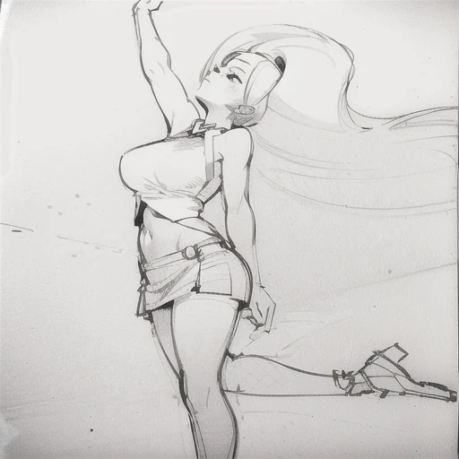 black and white, line art, no shading, full body, live2D character, long hair, chubby, dancing, medium breasts, short dress, lightning effects, coloring book style, sketch,ink drawing, outlines. good anatomical hands