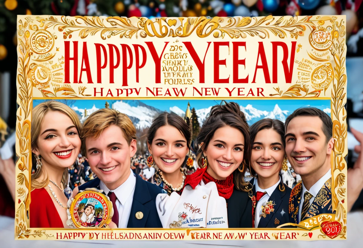 Realistic, work of art, live-action photo 8K quality, theme is "New Year Poster", text gold letters "Happy New Year 2025 Wishing for World Peace", ordinary people looking towards you with smiles, people of different races, religions and professions lined up, with heartfelt wishes.