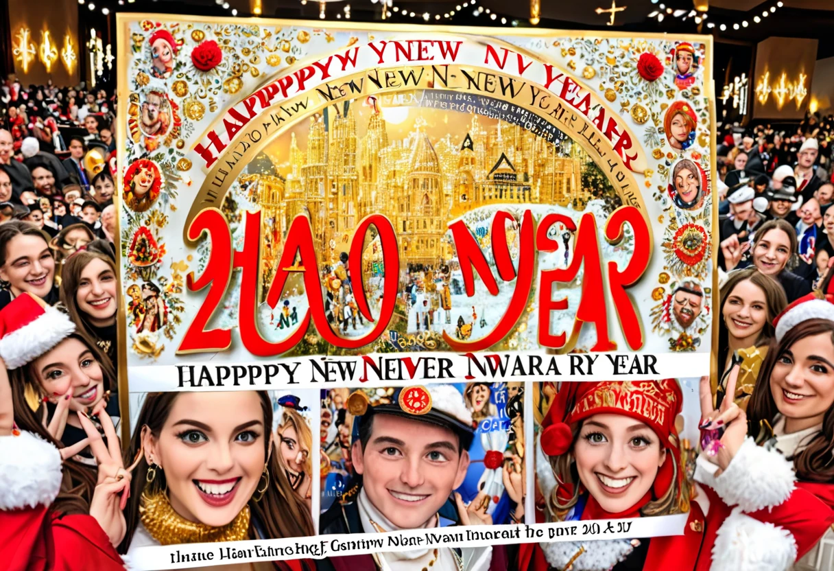 Realistic, work of art, live-action photo 8K quality, theme is "New Year Poster", text gold letters "Happy New Year 2025 Wishing for World Peace", ordinary people looking towards you with smiles, people of different races, religions and professions lined up, with heartfelt wishes.