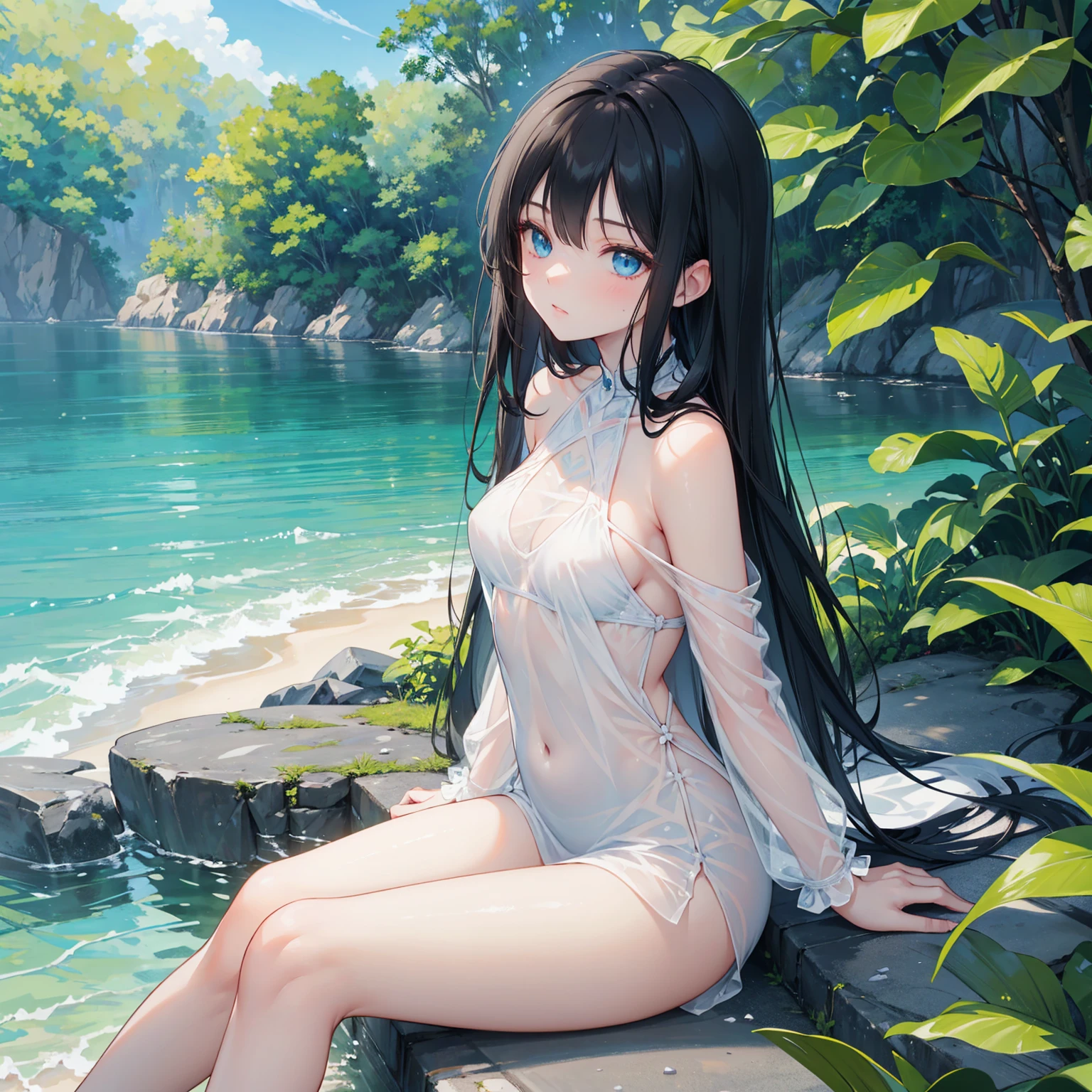 absurdres, RAW photo, extremely delicate and beautiful, masterpiece, Highest Quality, ultra high resolution, 32k, hyperrealistic, realistic, photorealistic, photo-realistic, Real, ultra-detailed, Very detailed CG 8k wallpaper, detailed background, landscape, Beautiful Lighting, Perfect Lightning, Realistic Shadows, perfect anatomy, anatomically correct, ideal ratio body proportions, perfect figure, Perfect Style, Perfect balance, super Detailed skin, in her 30s, very Slim body, narrow waist, very small head, very small face, delicate facial features, handsome detailed woman, very detailed eyes and face, realistic face proportions, Realistic beautiful face, Realistic beautiful eyes, tearful mole, earring, full body shot, very huge round tits, medium hair, asymmetrical hair, wavy hair, legs, thighs, knees, safari outfit, hat, hold a dagger, on jungle, walking on a creek, jungle adventure, a bunch of animals, 
