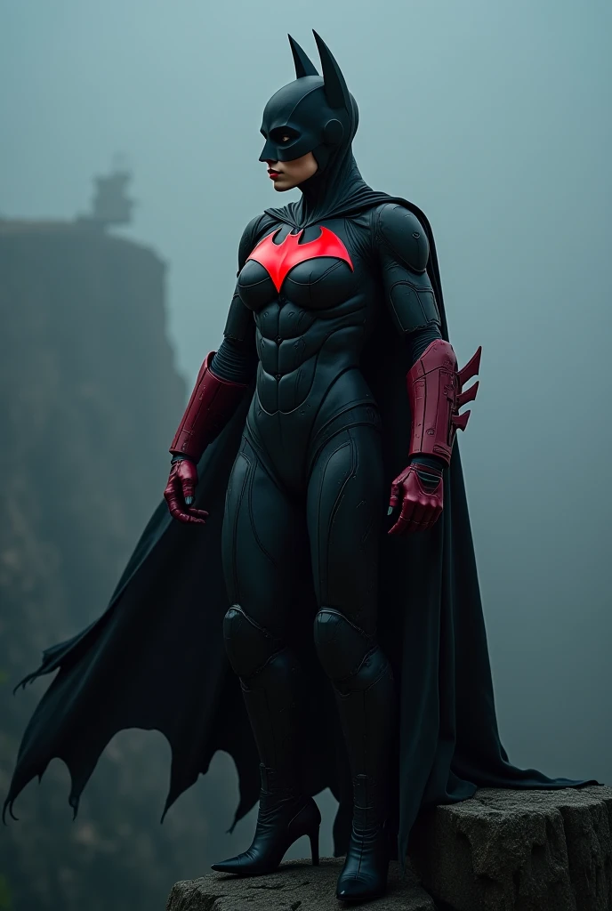 (Muscular:2.4), (thick thighs:1.2), (large round breasts:1), (large muscular chest and shoulders:1), FEMALE, blonde hair, long blonde hair, (big smile:1), (wearing tight sexy black Batwoman suit:1.6), looking at viewer, (three quarter view:1.3), upper body view, (dark gothic city at night:1.5), (dark lighting:2), detailed skin, detailed eyes, (clean skin:1.5), (very thin waist:1.6), (huge body muscles:1.8), (one protagonist:1.5),