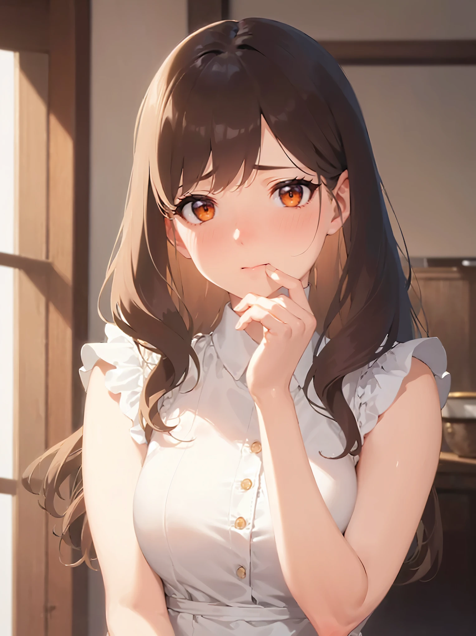 Biologically correct five fingers、waving hand, head tilt, Realistic, real person, (pale skin: 1.2), upper body, RAW photo, photorealistic, shiny skin, shiny hair、(A 35-year-old woman with medium-length hair and bangs) and (wavy hair) and (brown hair) and (Orange Eyes) , (white:1.5) and (blouse) 、Cleavage、(confused:1.5), open mouth, The background is the living room、Alone、Are standing